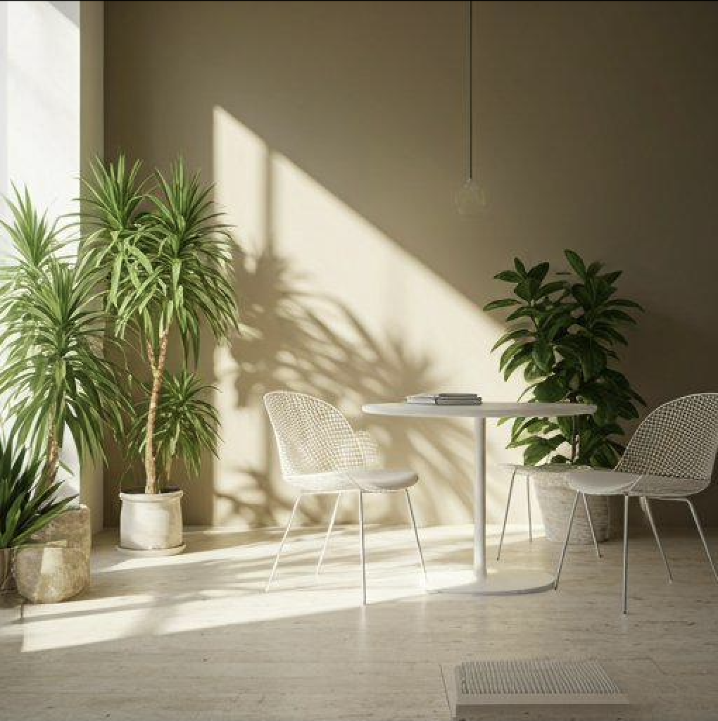 Calm, plant-filled workspace with warm morning light